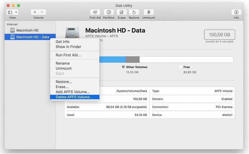 clique em Excluir volume APFS | faça downgrade do macOS sem perder dados