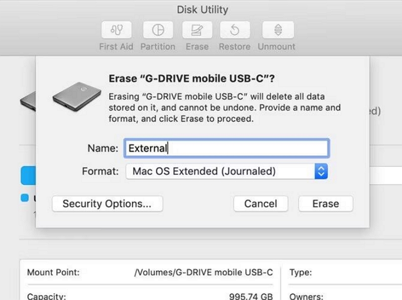 Prepare la unidad externa | degradar macos sin perder datos