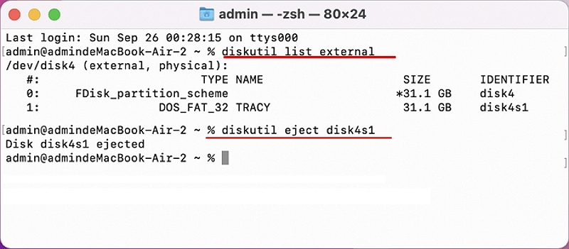 escriba líneas de comando | Expulsar USB de forma segura desde Mac