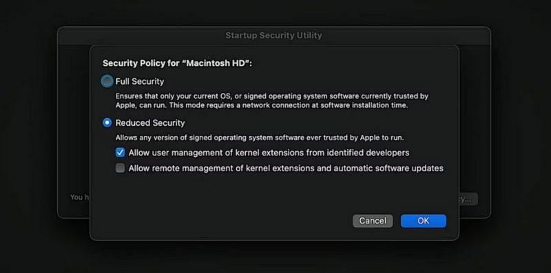 Segurança Reduzida | habilitar extensões do sistema no mac