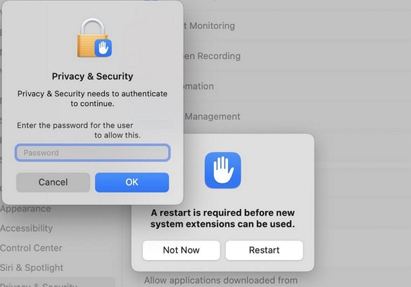 Entrez le mot de passe requis | activer les extensions système sur mac