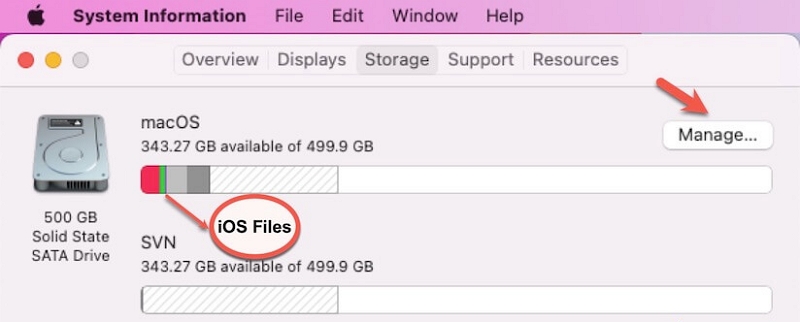 abra o gerenciamento de armazenamento | Exclua arquivos iOS no Mac