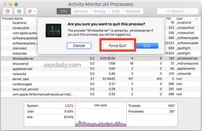 confirmation dialog | force quit unresponsive apps