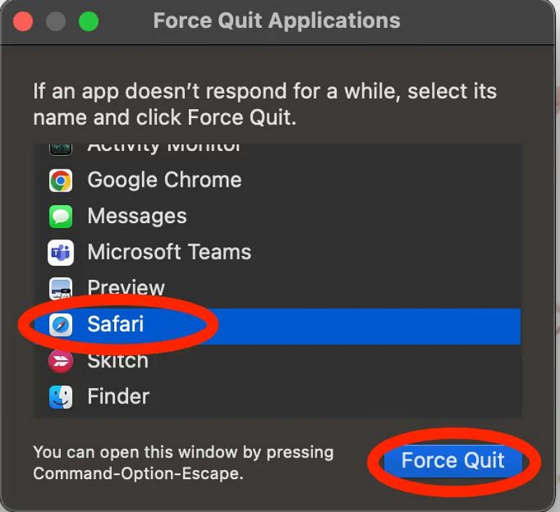 Forçar encerramento | Saia do Safari no Mac