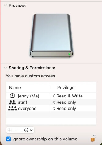check Ignore ownership on this volume | iMovie Not Enough Disk Space