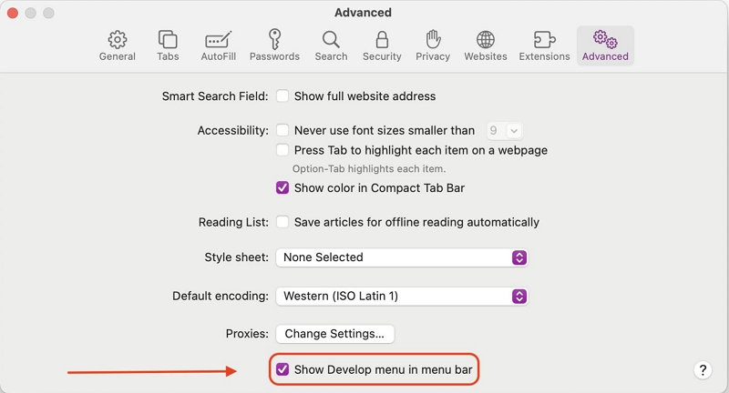 Mostrar menu Desenvolver na barra de menu | desinstalar o Safari no Mac
