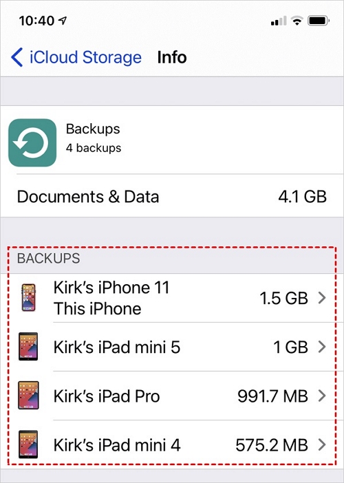 Gerenciamento de backup do iCloud, etapa 2 |  não há armazenamento suficiente no iCloud, mas há