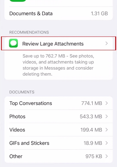 Große Anhänge in iMessage löschen Schritt 4 | Überprüfen Sie große Anhänge