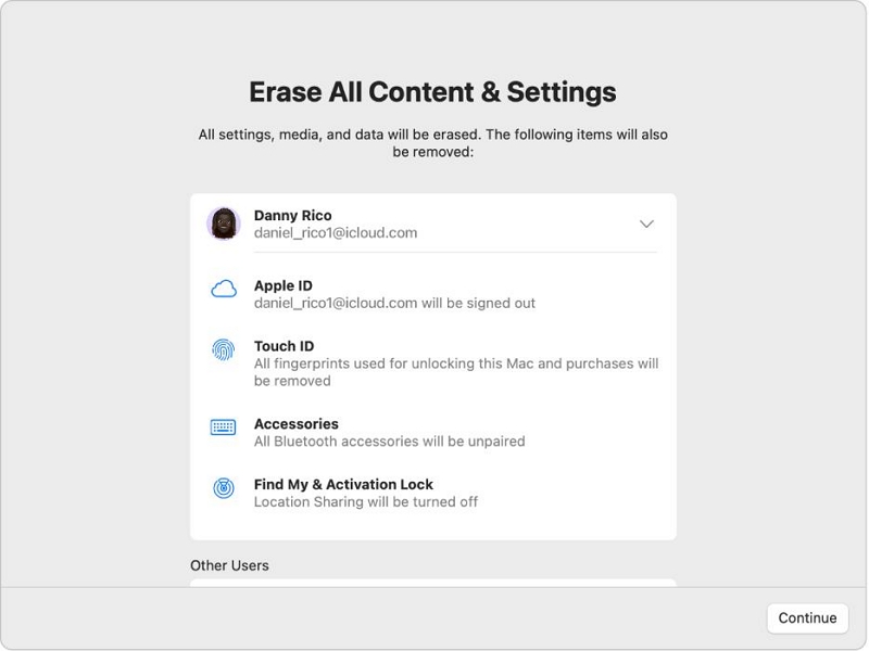 Continue to confirm deletion | erase macbook pro