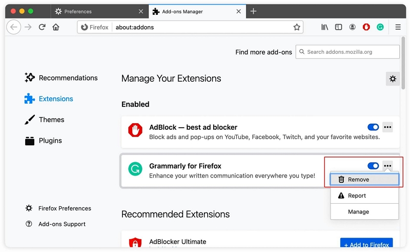 désinstaller l'extension Grammarly de Firefox | désinstaller Grammarly Mac