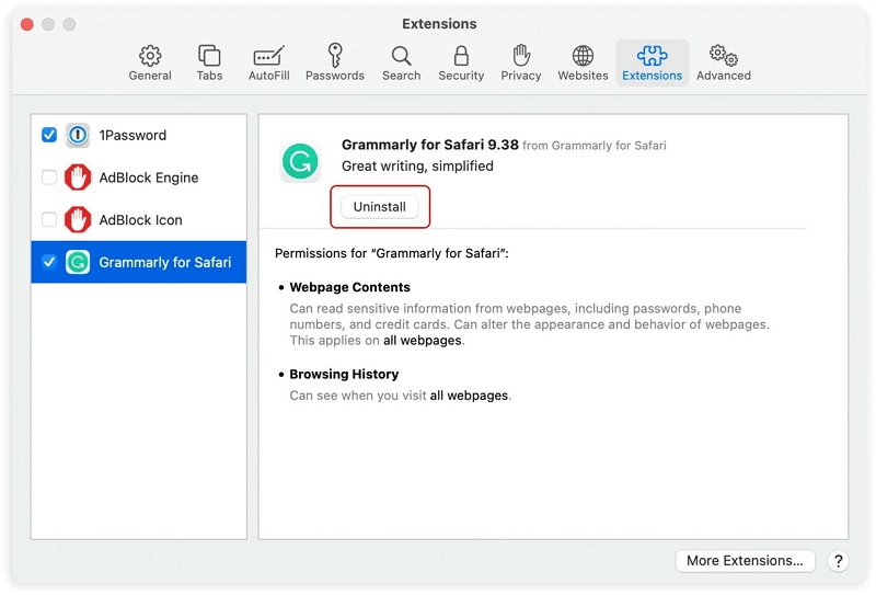 Supprimer manuellement l'extension Grammarly du navigateur sur Mac | désinstaller Grammarly Mac