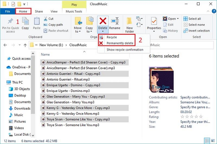 eliminar música duplicada en el explorador de archivos paso 2 |  buscar/eliminar archivos de música duplicados mac/windows