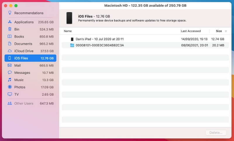Highlight the backups | Mac Startup Disk Full Error
