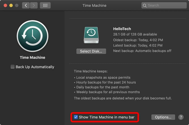 Afficher Time Machine dans la barre de menu | Impossible de trouver le dossier de support d'application sur Mac