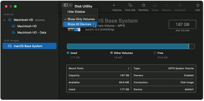 choose Mac drive | Clear Other Volumes in Container Mac