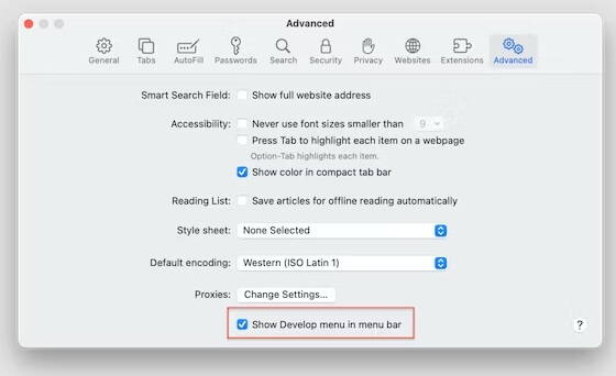 шоу разработать меню сафари | Удалить кэш Safari на Mac