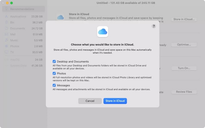 store files in icloud step 2 | optimize mac storage