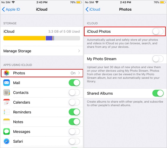 Désactiver les photos iCloud |  stockage iPhone plein, impossible de supprimer des photos