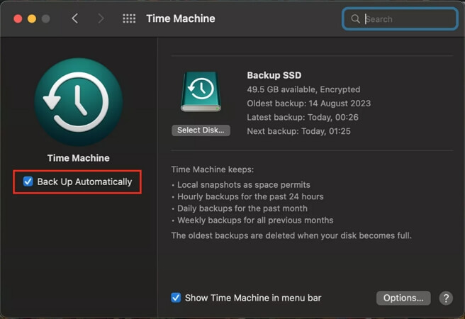 uncheck Back Up Automatically | Remove Purgeable Space Mac